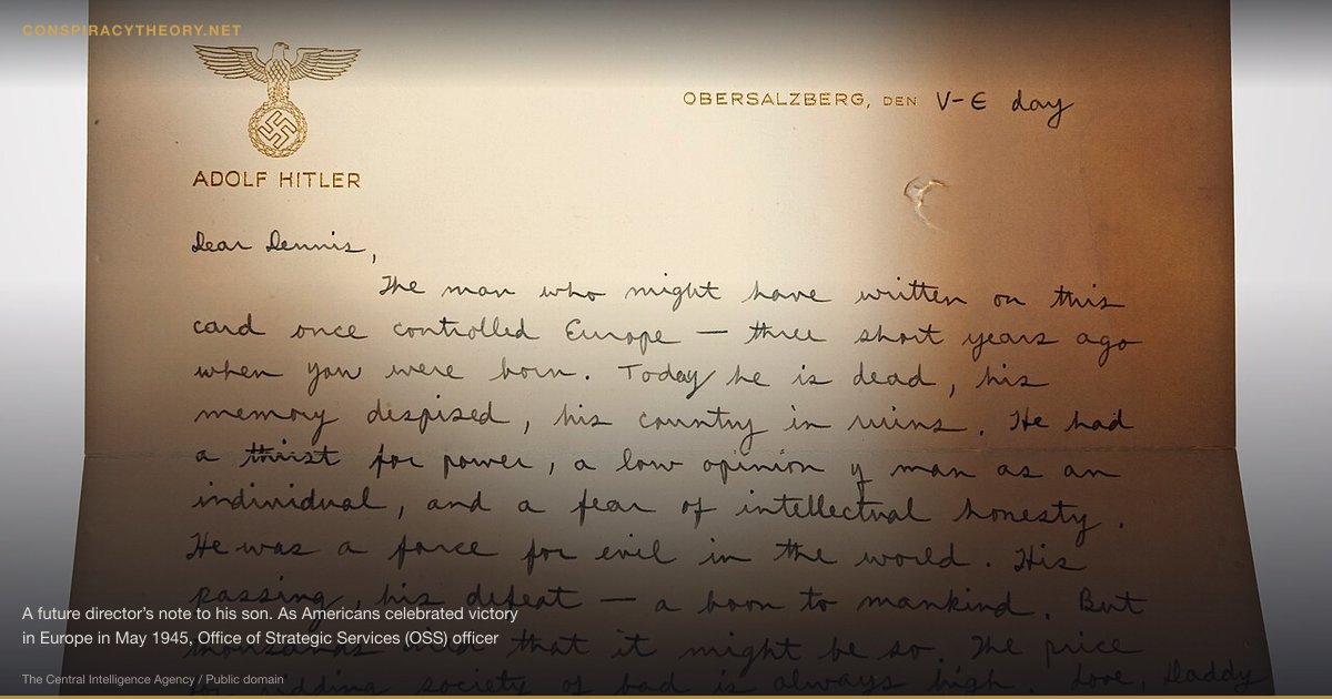 Operation CHAOS — CIA Domestic Surveillance (1967) — A future director’s note to his son. As Americans celebrated victory in Europe in May 1945, Office of Strategic Services (OSS) officer Richard Helms wrote this touching and eloquent letter to his young son on a captured sheet of Adolf Hitler’s personal stationery. Helms’s words captured the meaning of the war, not only for OSS but for many others who had fought against Hitler. Helms would later become Director of Central Intelligence. For more information on CIA history and this painting please visit www.cia.gov