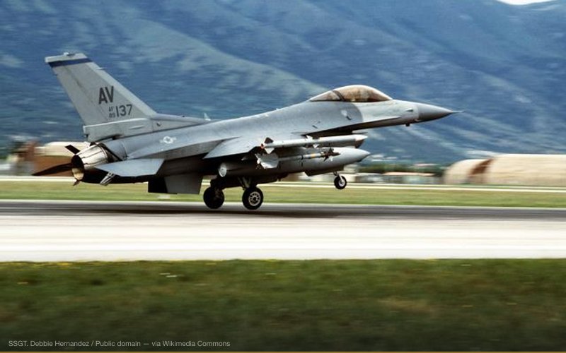 A right side view of a US Air Force F-16C Fighting Falcon aircraft of the 31st Fighter Wing landing upon returning from a mission in support of NATO airstrikes against the Bosnian Serbs. This was the aircraft flown by Capt. Robert Wright on 28 February 1994 when he shot down 3 Serb J-21 Jastreb attack jets. (Released to Public) — related to Operation Gladio — NATO Stay-Behind Networks in Europe