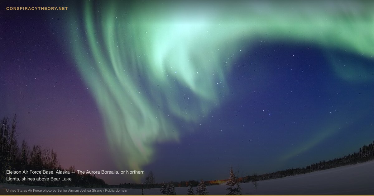 Orgone Energy Suppression (1930s) — Eielson Air Force Base, Alaska — The Aurora Borealis, or Northern Lights, shines above Bear Lake