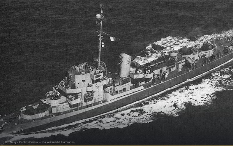 The U.S. Navy destroyer escort USS Eldridge (DE-173) underway at sea, circa in 1944. — related to The Philadelphia Experiment
