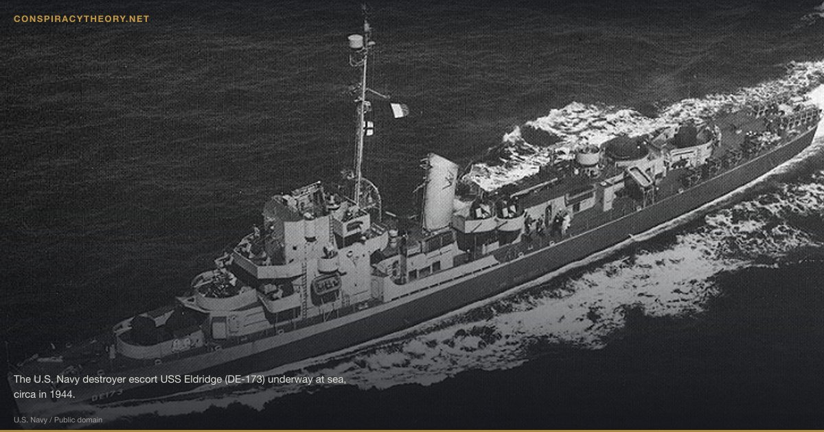 The Philadelphia Experiment (1955) — The U.S. Navy destroyer escort USS Eldridge (DE-173) underway at sea, circa in 1944.