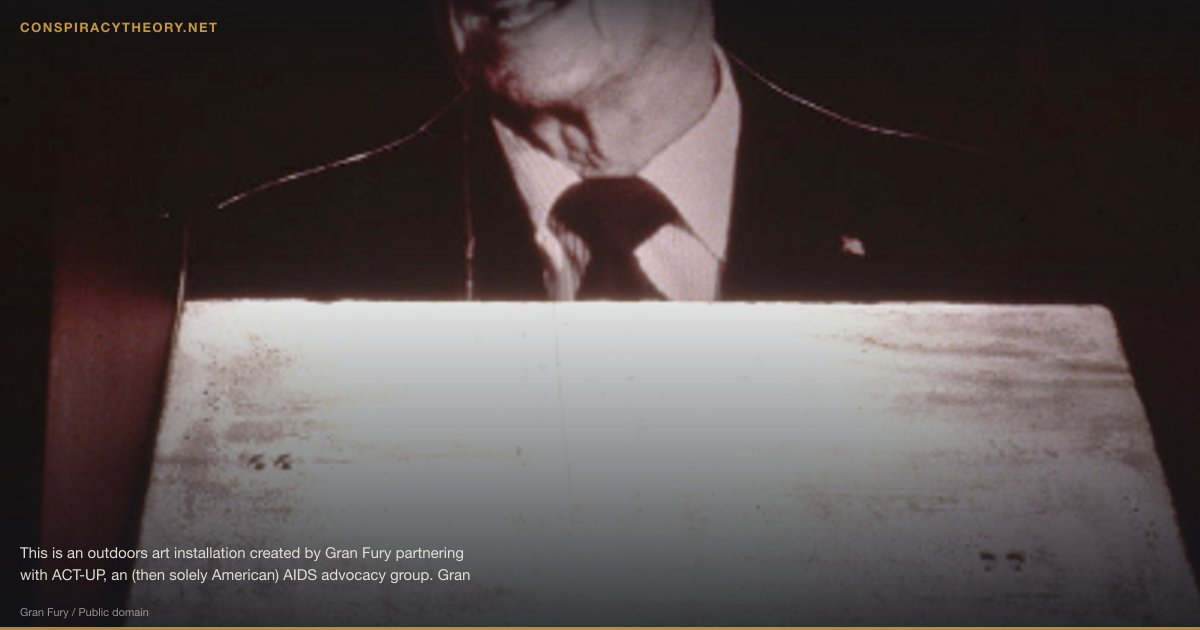 Plunge Protection Team (PPT) (1988) — This is an outdoors art installation created by Gran Fury partnering with ACT-UP, an (then solely American) AIDS advocacy group. Gran Fury's website clearly states that all their art , like this image found on said website, is in the public domain.