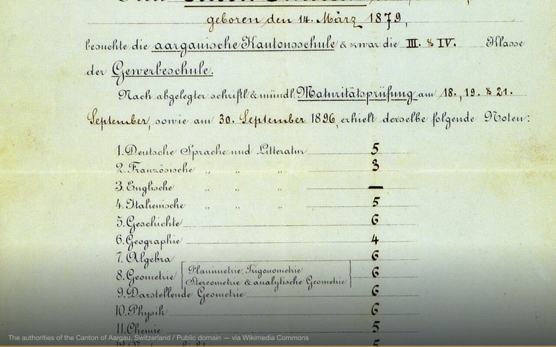 The certificate of maturity issued to Albert Einstein in 1896, at the age of 17, after attending the cantonal high school in Aarau, Switzerland. In this scoring scheme, 6 is the highest, and 1 the lowest grade. — related to Project Rainbow (Invisibility Research)