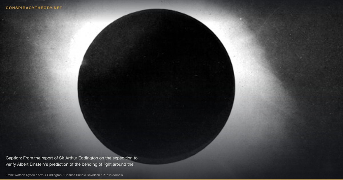 Project Rainbow (Invisibility Research) (1943) — Caption: From the report of Sir Arthur Eddington on the expedition to verify Albert Einstein's prediction of the bending of light around the sun. In Plate 1 is given a half-tone reproduction of one of the negatives taken with the 4-inch lens at Sobral. This shows the position of the stars, and, as far as possible in a reproduction of this kind, the character of the images, as there has been no retouching. A number of photographic prints have been made and applications for these from astronomers, who wish to assure themselves of the quality of the photographs, will be considered as as far as possible acceded to.