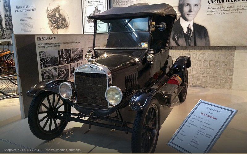 A 1924-1925 Ford Model T Roadster in Gedee Car Museum, Coimbatore, India. (Despite the exhibit's labeling, the car's styling shows it is not a 1926 model.) — related to Protocols of the Elders of Zion