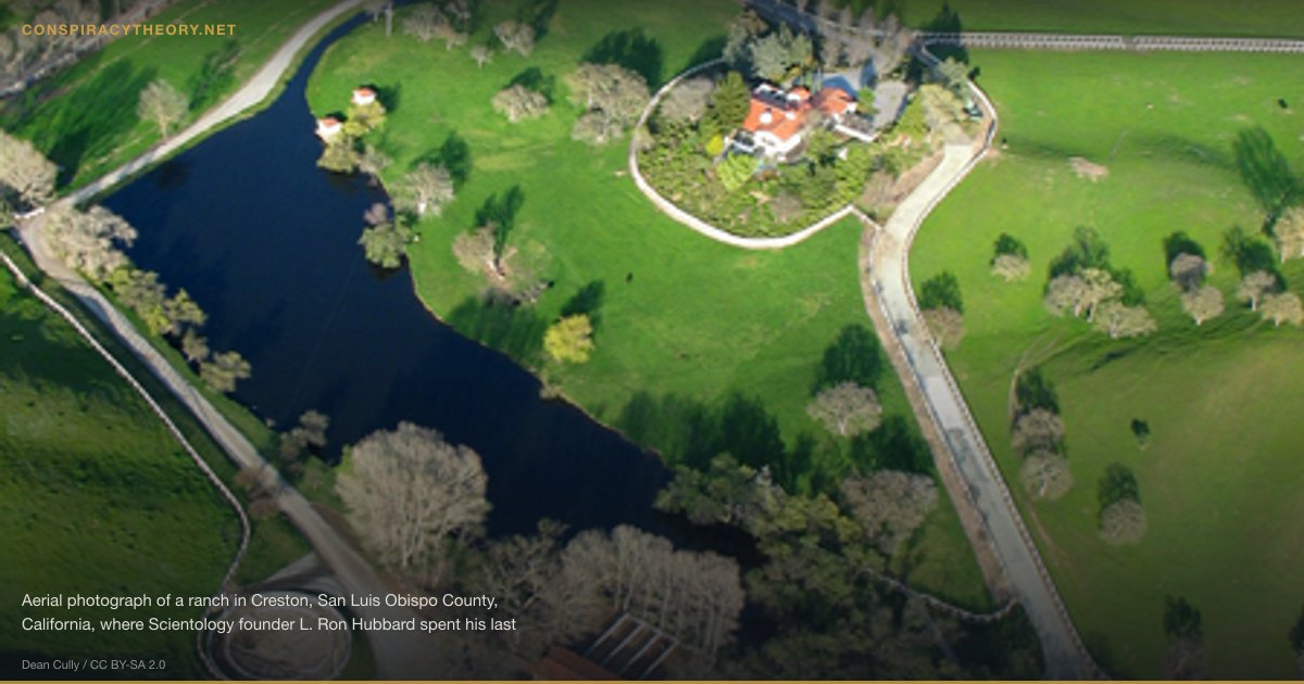 Scientology (1954) — Aerial photograph of a ranch in Creston, San Luis Obispo County, California, where Scientology founder L. Ron Hubbard spent his last days. A Scientology-related symbol is visible within a racetrack.