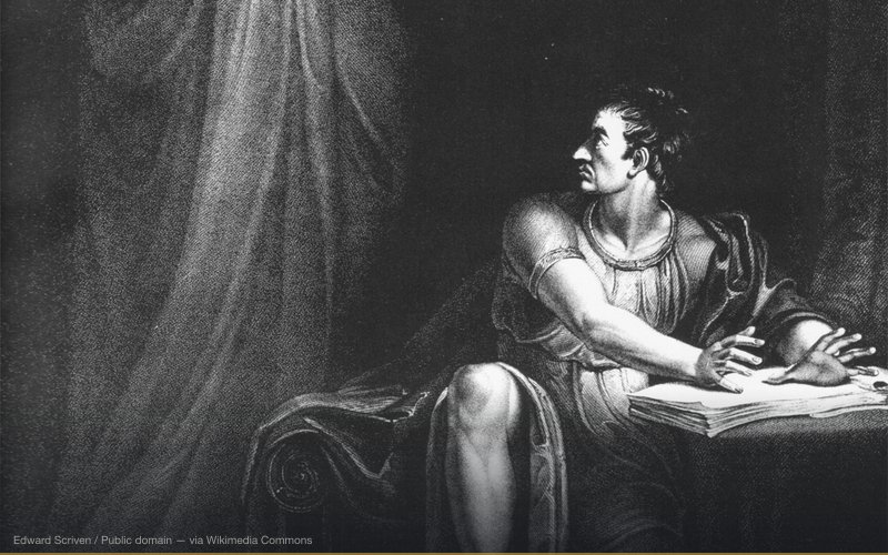 Brutus and the Ghost of Caesar. Copperplate engraving by Edward Scriven from a painting by Richard Westall. London, 1802. 8.5 x 11.5 inches. Caption: "XXX. JULIUS CAESAR. ACT IV. SCENE III. BRUTUS'S TENT, IN THE CAMP NEAR SARDIS. Brutus and the Ghost of Caesar." — related to Shakespeare Authorship Question — Was He Real?