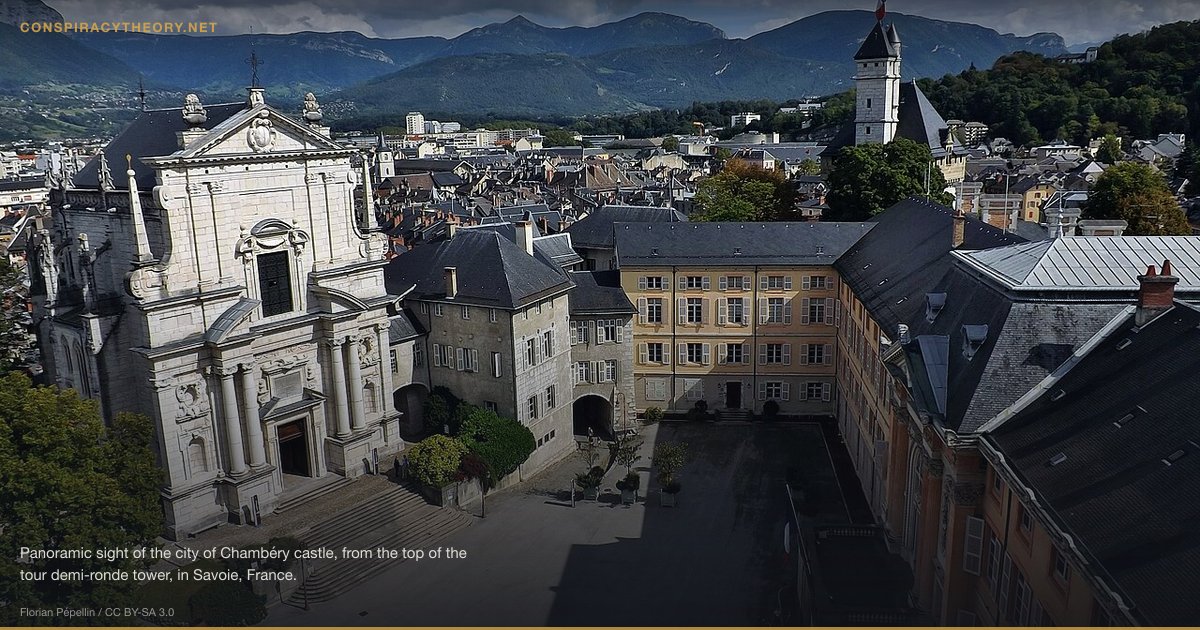Shroud of Turin — Authentic Burial Cloth of Jesus (1357) — Panoramic sight of the city of Chambéry castle, from the top of the tour demi-ronde tower, in Savoie, France.