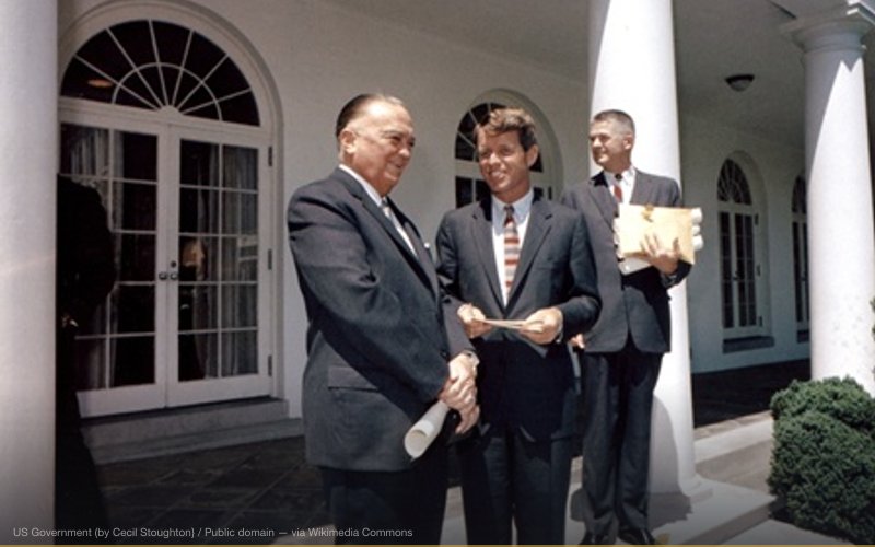 Photograph of FBI Director J. Edgar Hoover, Attorney General Robert F. Kennedy and Solicitor General Archibald Cox in Rose Garden of White House on May 7, 1963. — related to RFK Assassination: Second Shooter & Manchurian Candidate
