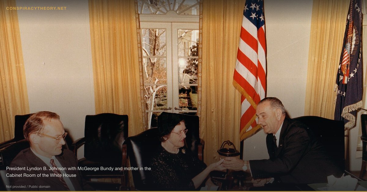 Skull and Bones Domination of the CIA (1947) — President Lyndon B. Johnson with McGeorge Bundy and mother in the Cabinet Room of the White House
