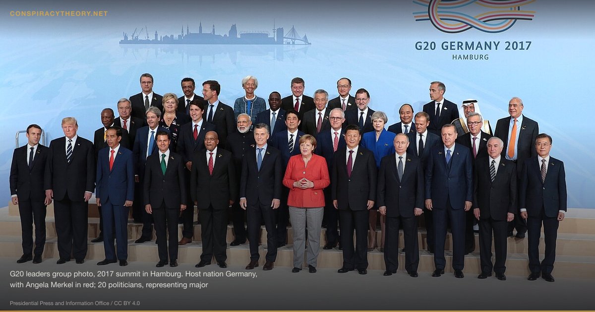 China's Social Credit System & Global Expansion (2014) — G20 leaders group photo, 2017 summit in Hamburg. Host nation Germany, with Angela Merkel in red; 20 politicians, representing major countries, stand in the first 2 rows: move your mousepointer to the photo (mouseover), if you want to read the names. Or you can go down to the categories at the bottom of page 'Category:Official group photograph of politicians at the 2017 G-20 Hamburg summit' for more photos of the leaders. Guests are in the 3rd row, members of International Organisations in the back of the 'family photo', with Christine Lagarde in the middle.