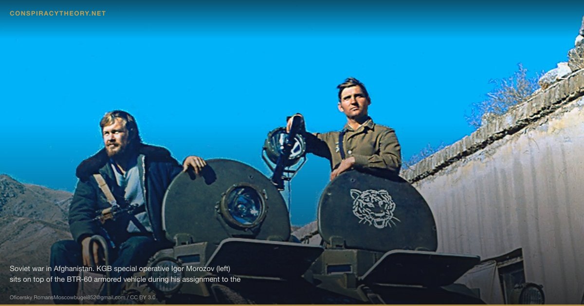 Soviet KGB Active Measures in the West (1920) — Soviet war in Afghanistan. KGB special operative Igor Morozov (left) sits on top of the BTR-60 armored vehicle during his assignment to the Badakhshan province.