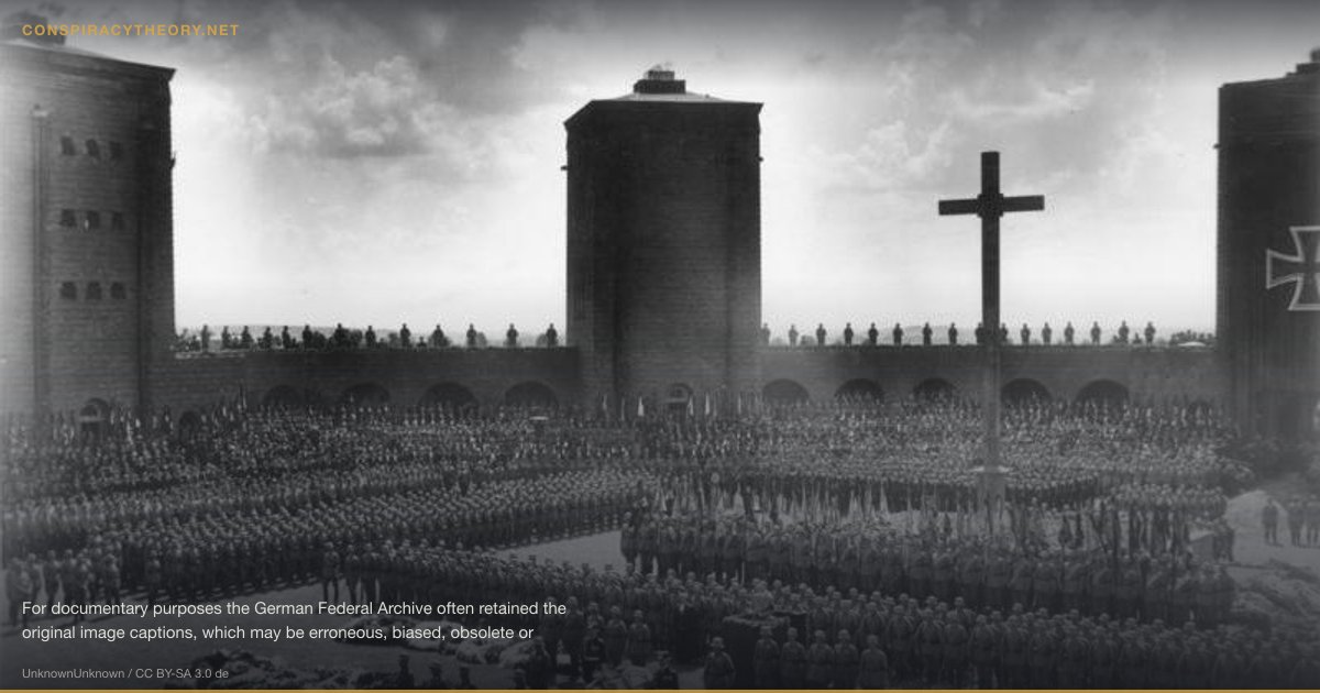 Stab-in-the-Back Myth (Dolchstosslegende) (1918) — For documentary purposes the German Federal Archive often retained the original image captions, which may be erroneous, biased, obsolete or politically extreme. Tannenberg-Denkmal, Beisetzung Hindenburg 1934 Feier im Tannenberg Denkmal während der Rede des Führers [Hohenstein / Ostpreußen.- Tannenberg-Denkmal ("Tannenberg-Nationaldenkmal" / "Reichsehrenmal Tannenberg").- Beisetzung von Paul von Hindenburg, Rede von Adolf Hitler] Abgebildete Personen: Hindenburg, Paul von Beneckendorff und von: Reichspräsident, Generalfeldmarschall, Deutschland (GND 118551264) Hitler, Adolf: Reichskanzler, Deutschland Additional Description This photograph was taken 7 August 1934 at Paul von Hindenburg's original burial in the central yard of the Tannenberg Memorial, and not during his reinterrment in the new crypt on 2 October 1935. Other photographs show that the cross in this photo was absent from the yard upon the crypt's completion. Crypt construction necessitated lowering of the entire yard by an additional 8 feet, with steps more than 50 feet deep all around, with the yard's flat area being much reduced and having a solid granite surface, and none of this is seen in this photograph. Films that match the scene in this photograph exist that show the coffin being lowered into the ground, and not placed in the crypt (which had a horizontal entrance).