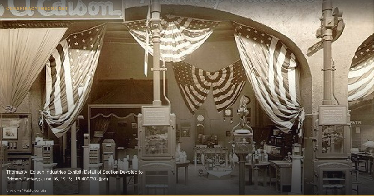 Nikola Tesla's Inventions Suppressed by JP Morgan / Edison (1901) — Thomas A. Edison Industries Exhibit, Detail of Section Devoted to Primary Battery; June 16, 1915; {18.400/30} (jpg).