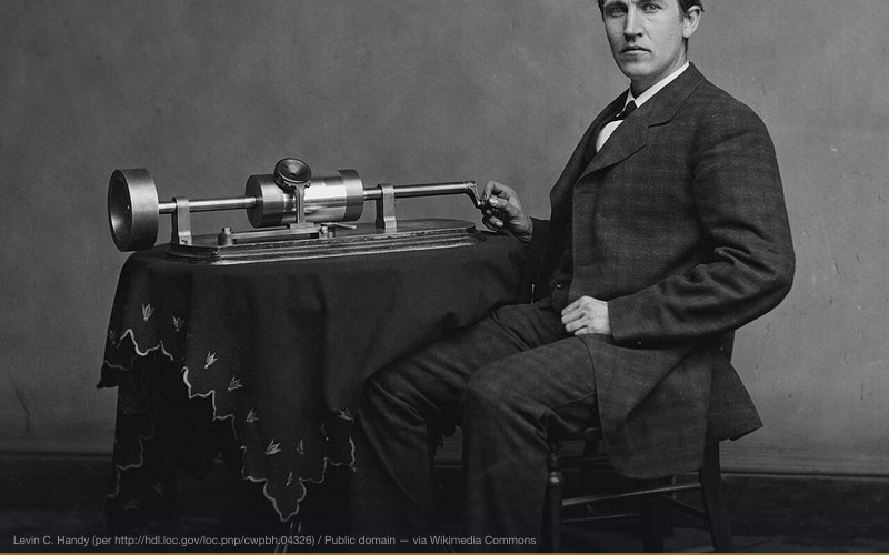 Thomas Edison and his early phonograph. Cropped from Library of Congress copy. — related to Tesla's Suppressed Wardenclyffe Tower