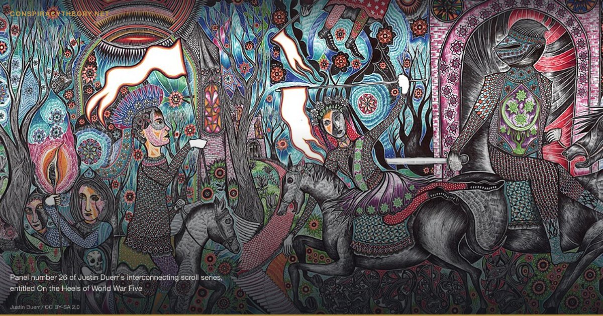 The Toynbee Tiles (1980s) — Panel number 26 of Justin Duerr's interconnecting scroll series, entitled On the Heels of World War Five