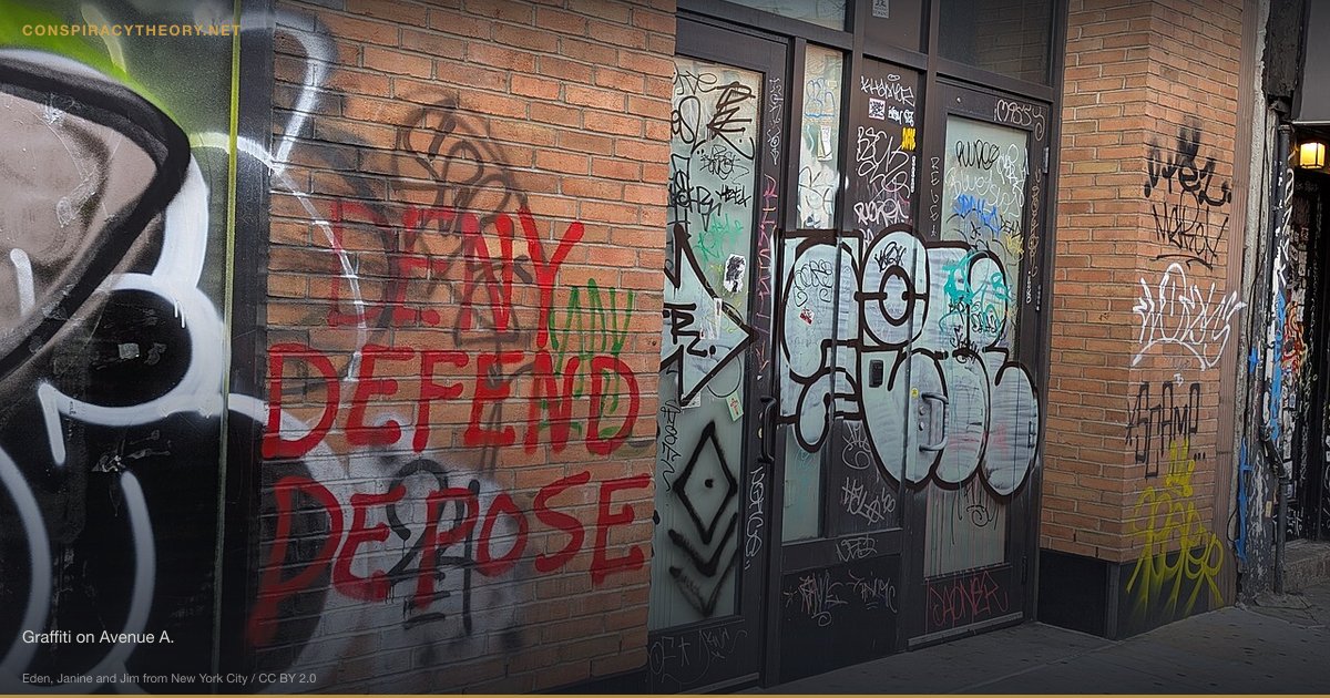 UnitedHealthcare CEO Shooting Conspiracy (2024-12-04) — Graffiti on Avenue A.