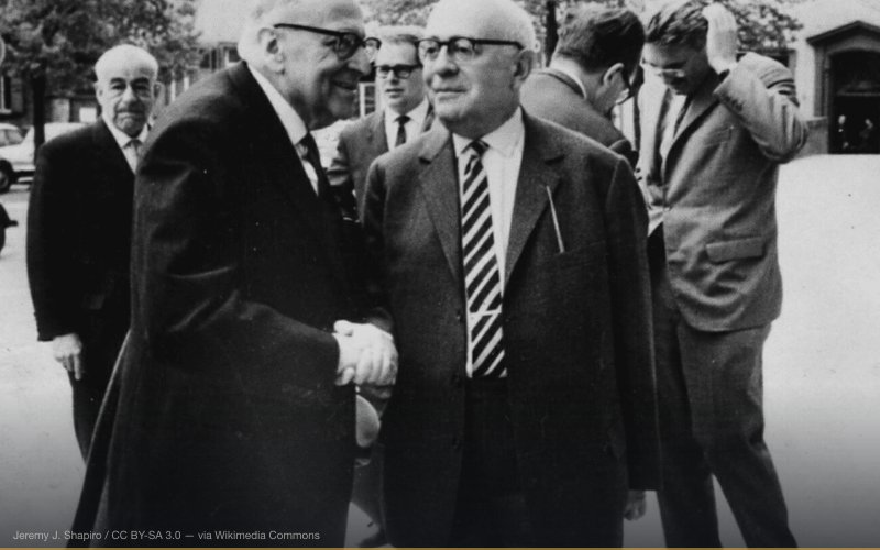 Photograph taken in Heidelberg, April 1964,[1] by Jeremy J. Shapiro at the Max Weber-Soziologentag. Horkheimer is front left, Adorno front right, and Habermas is in the background, right, running his hand through his hair. Siegfried Landshut is in the background left. — related to History Written by Winners --- Systematic Suppression