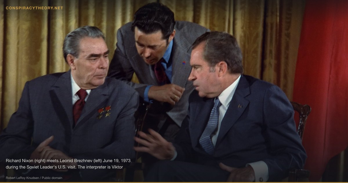 Watergate — The Conspiracy That Toppled a President (1972) — Richard Nixon (right) meets Leonid Brezhnev (left) June 19, 1973 during the Soviet Leader's U.S. visit. The interpreter is Viktor Sukhodrev.