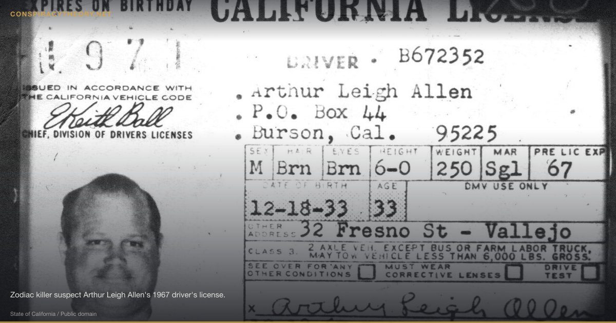 The Zodiac Killer: America's Most Infamous Unsolved Case (1968-12-20) — Zodiac killer suspect Arthur Leigh Allen's 1967 driver's license.