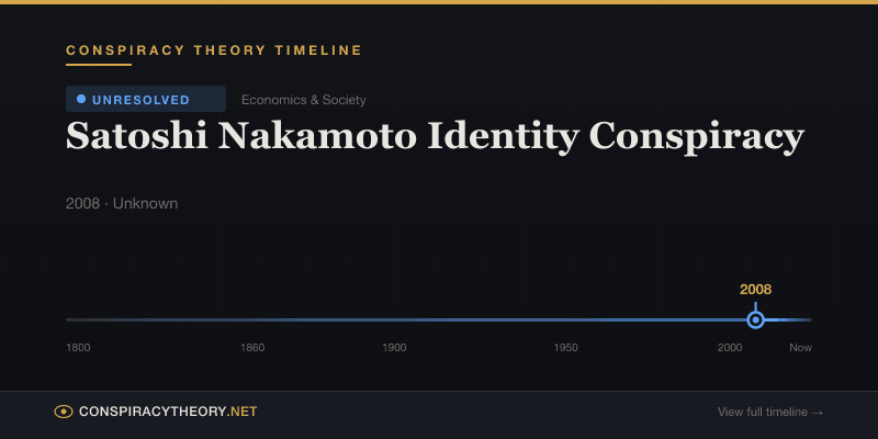 Satoshi Nakamoto Identity Conspiracy — Conspiracy Theory Timeline 2008, Unknown