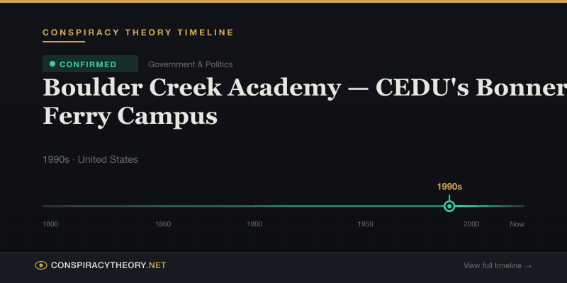 Boulder Creek Academy — CEDU's Bonners Ferry Campus — Conspiracy Theory Timeline 1990s, United States